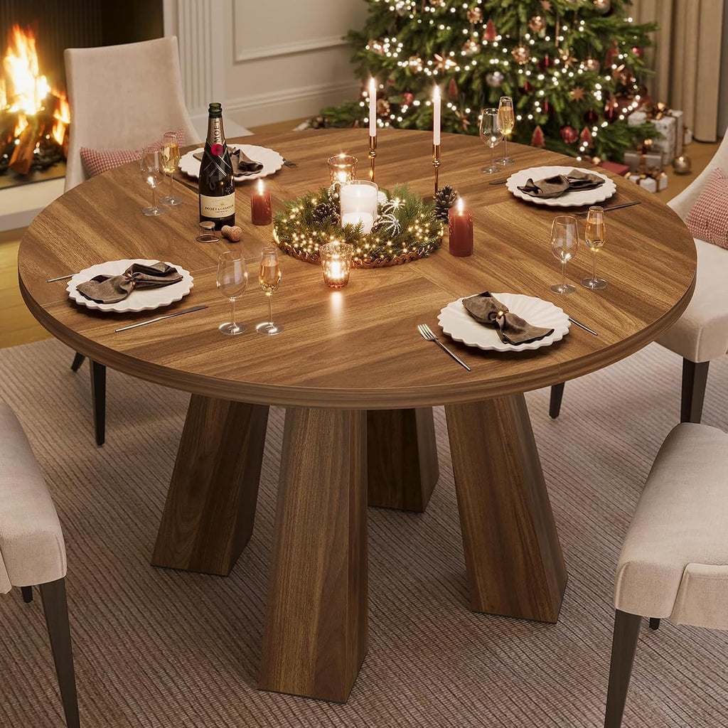 IDEALHOUSE 47' Round Dining Table for 4-6, Wood Kitchen Table with Sturdy Base, Farmhouse Circle Dinner Table for Dining Room, Living Room, 4 Strong Legs, Walnut