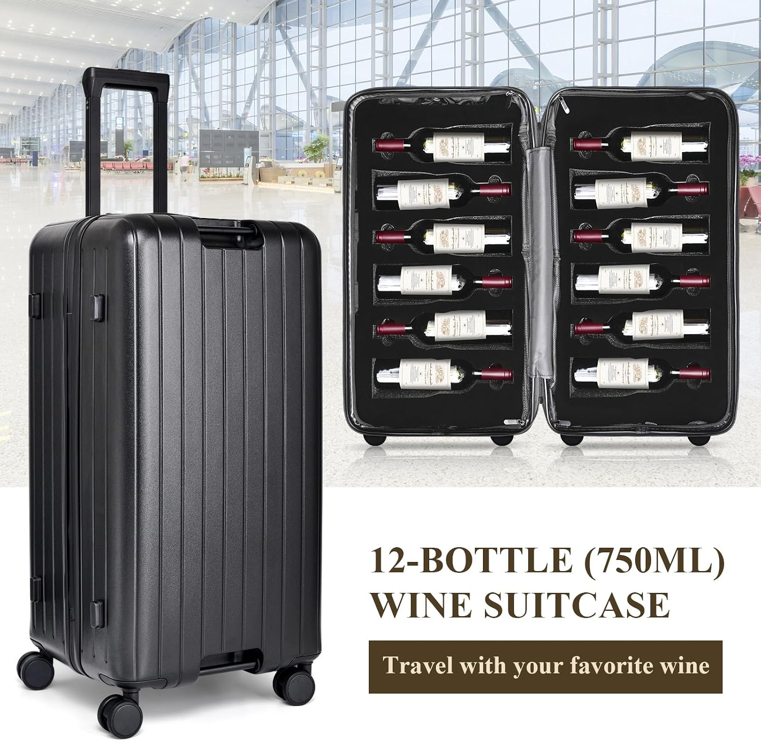 12-Bottle Wine Suitcase for airplanes Travel, TSA-Approved Checked Luggage, PC Hard Shell with Shockproof Foam, Maximum Protection for Airline Transport of Wine Bottles (12 bottles)