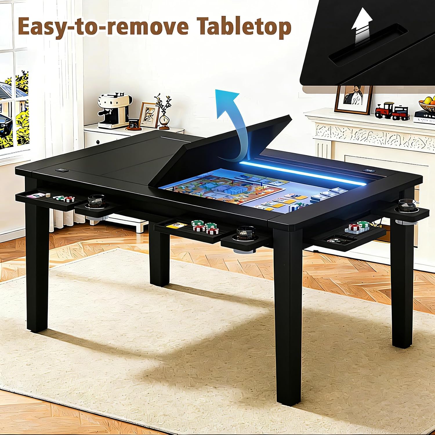 Haddockway Solid Wood Board Game Table with Colorful Led Lights, Dining/Gaming Table for 4-6 Players with Charge Station,Removable Top, Play Mat, 6 Cup Holders & Trays (Black)