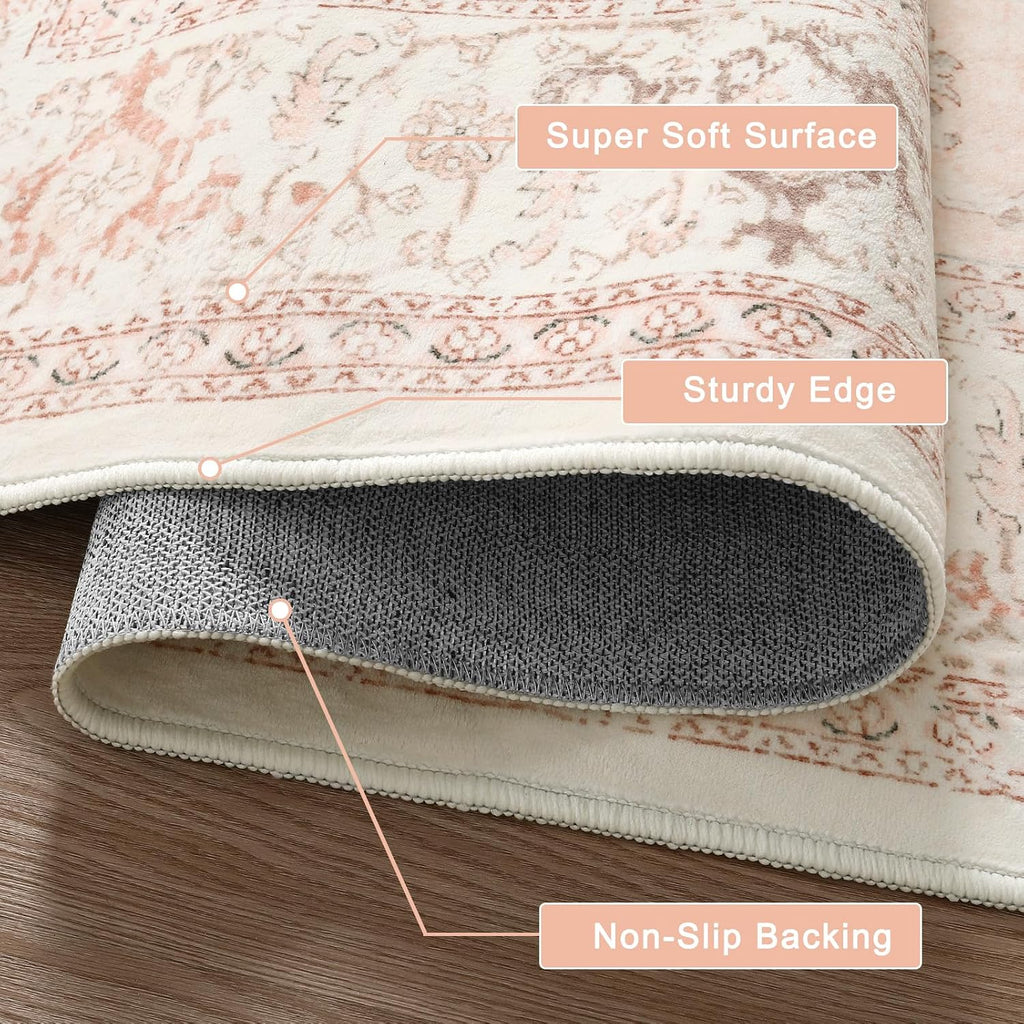 LIVEBOX Washable 9x12 Area Rug, Large Rugs for Living Room Boho Soft Non-Slip Rugs, Pink Low-Pile Vintage Medallion Rug, Retro Non-Shedding Indoor Carpet for Dining Room Bedroom Office
