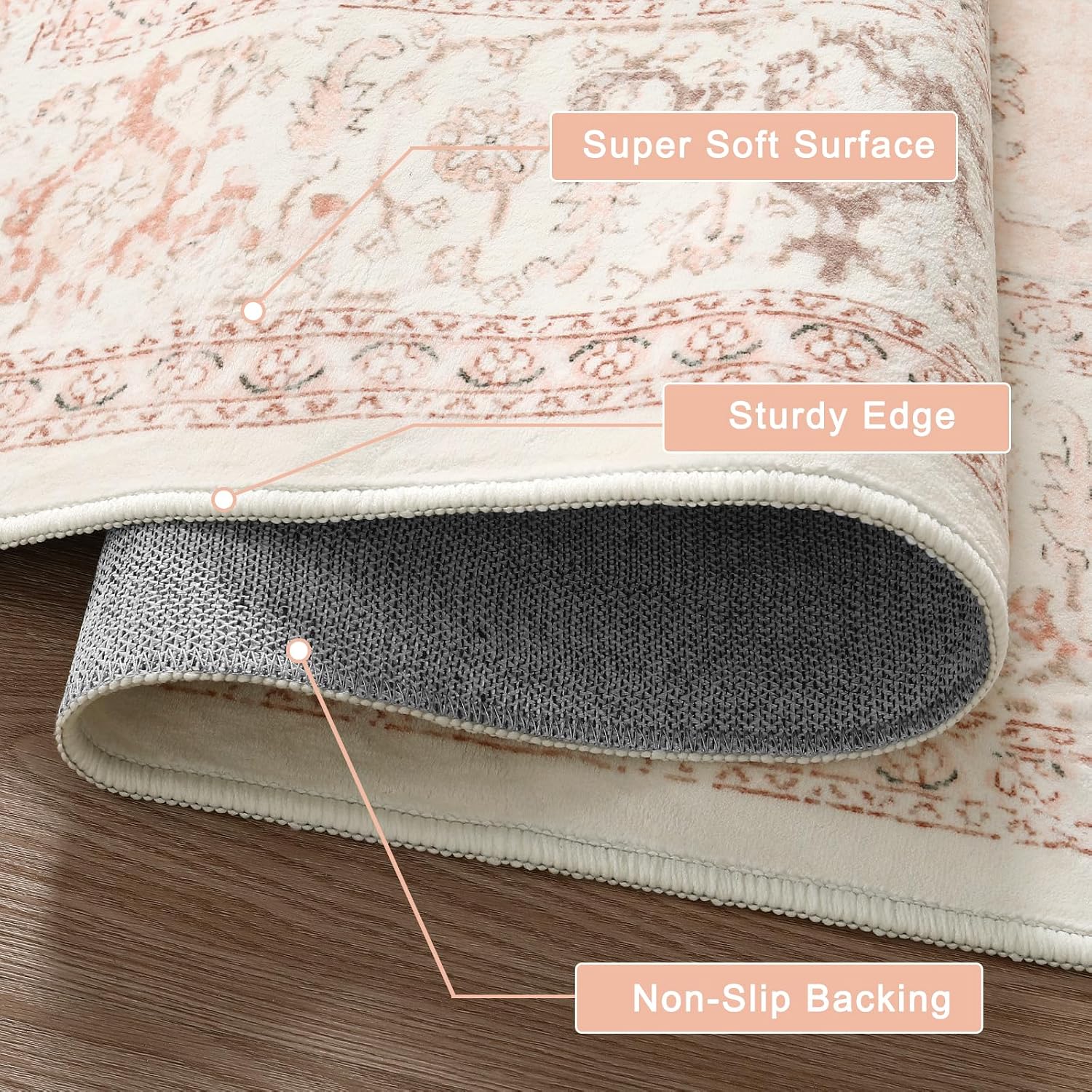 LIVEBOX Washable 9x12 Area Rug, Large Rugs for Living Room Boho Soft Non-Slip Rugs, Pink Low-Pile Vintage Medallion Rug, Retro Non-Shedding Indoor Carpet for Dining Room Bedroom Office