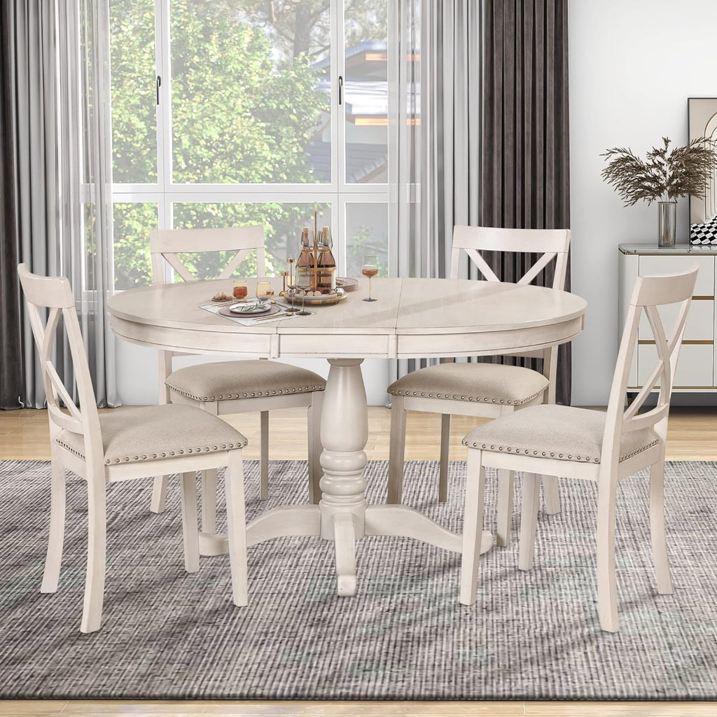 Harper & Bright Designs Modern Dining Table Set for 4,Round Table and 4 Kitchen Room Chairs,5 Piece Kitchen Table Set for Dining Room,Dinette,Breakfast Nook,Antique White