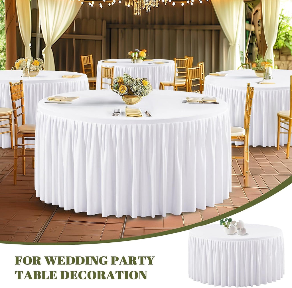 Wish Care 6 Packs 5FT Round Tablecloth 60 Inch, White Stretchy Fitted Table Cloths, Wrinkle Resistant Polyester Table Cover with Pleated Ruffle Skirt for Party, Wedding and Banquet Decoration