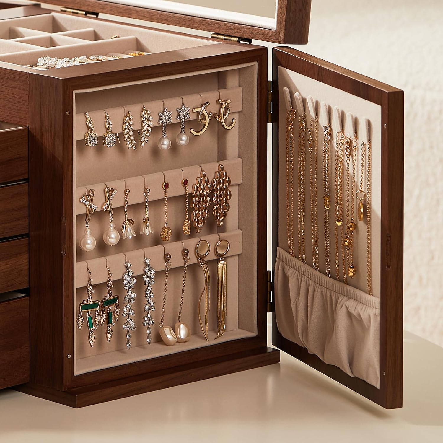 Black Walnut Wooden Jewelry Box, Wood Jewelry Organizer with 2 Side Doors Mirror Lockable Classical Style for Watch Necklace Ring Earring Storage Mothers Day Gifts for Mom-5 Layer