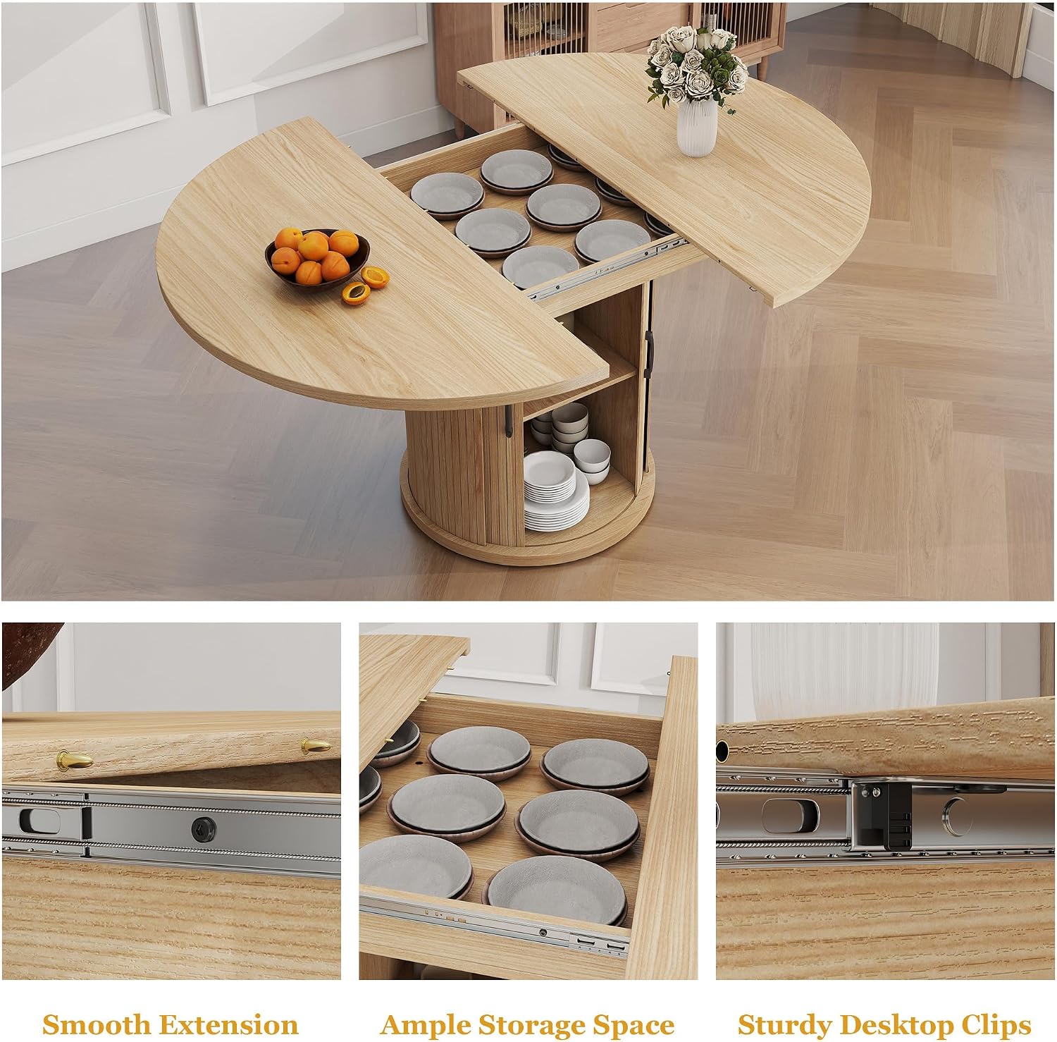 47.2'–63' Extendable Dining Room Table for 4-8, Round-to-Oval Expandable Dining Table with Dust-Proof 2-Tier Shelf, Space-Saving Wood Kitchen Table for Living Room, Oak