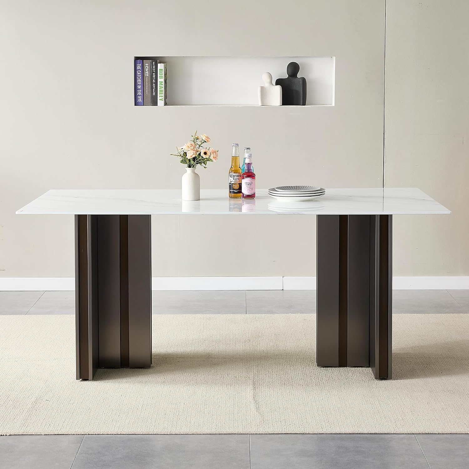 70 inch Faux Marble Dining Table for 4 to 6, Modern Dining Table with White Marble Texture Tabletop & Matte Brushed Stainless Steel Base, Rectangular Kitchen Dining Table for Dinner Party Gatherings
