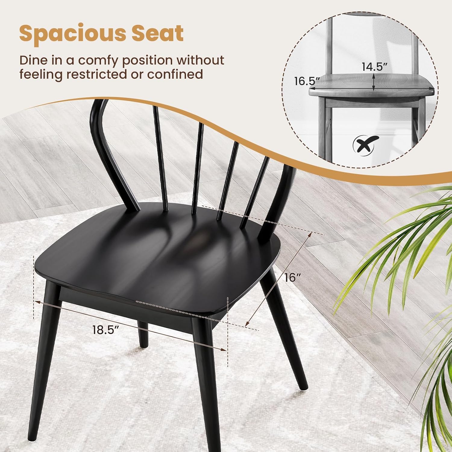 Giantex Wooden Dining Chairs Set of 2, Black Windsor Kitchen Chair w/High Spindle Back & Rubber Wood Legs, Wide Seat & Curved Backrest, Farmhouse Side Chairs, Armless Accent Chair for Home Restaurant