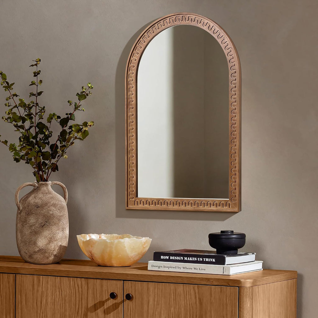 LuxenHome Arched Wall Mirror, 40'x29' Farmhouse Wooden Decorative Mirrors for Wall, Accent Entryway Mirror, Wall Mounted Mirror for Living Room