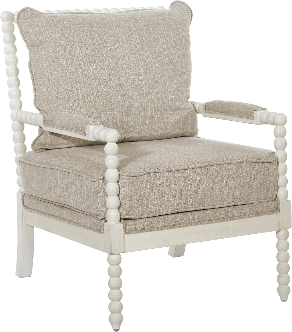 OSP Home Furnishings Kaylee Spindle Accent Chair with Antique White Wood Frame, Beige Linen Fabric