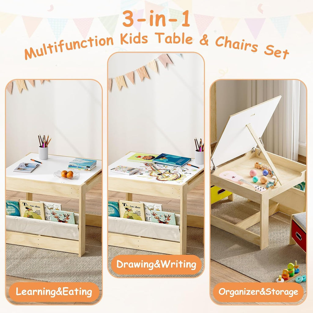 EXPERLAM Kids Table and 2 Chairs Set, Wooden Toddler Activity Table with Adjustable Drawing Tabletop, Safety Hinges, Storage Drawers &Bookshelf for Playroom, Nursery, Ages 1-6, Burlywood