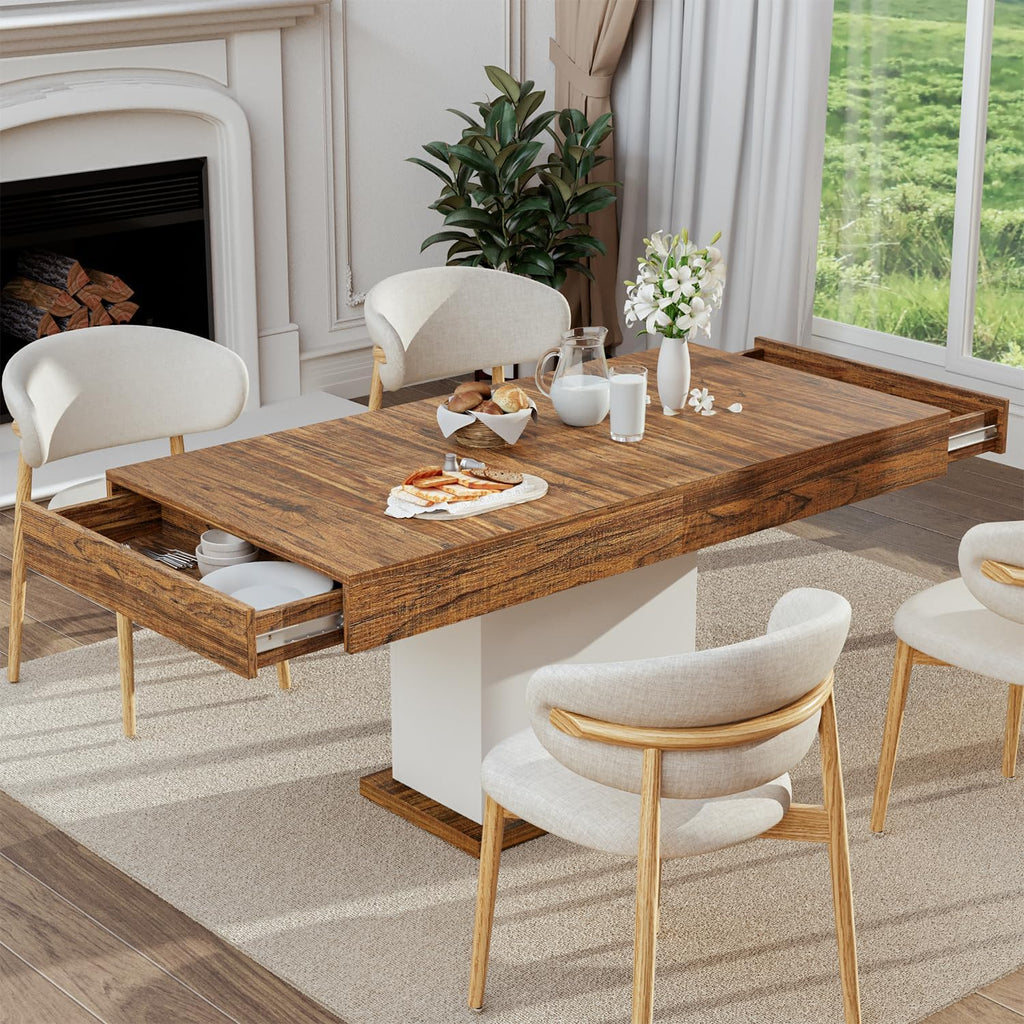 55' Dining Table for 4 to 6 People, Farmhouse Wood Dinner Table with Drawers & Led Lights for Kitchen, Dining Room & Living Room (Oak Brown & White)