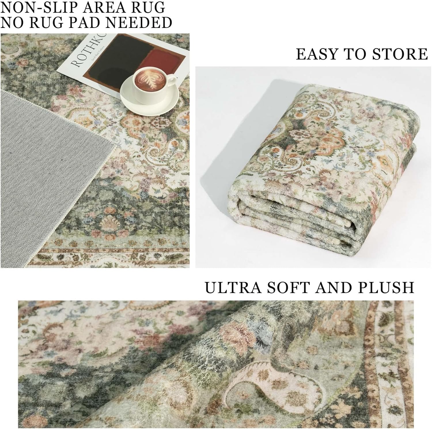 Green Round Rug 6ft,Large Circle Area Rugs for Bedroom Living Room Dining Room,Washable Boho Vintage Bohemian Distressed Oriental Carpet Non Slip,Sage Floral