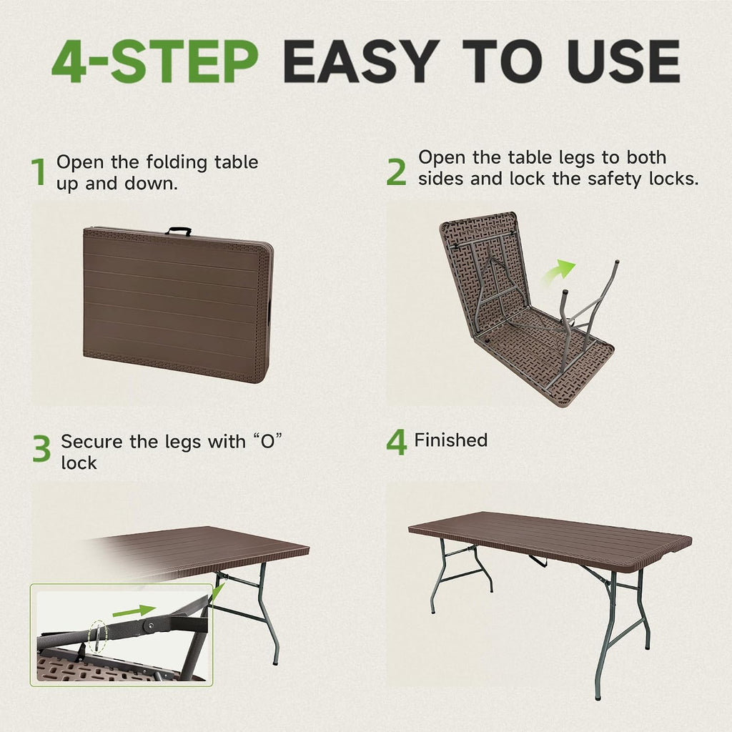 Folding Table 6 Foot, Heavy Duty 600LBS Capacity, HDPE Wood Grain Pattern, Sturdy Design with Safety Lock, Portable Tables Folding for Camping, Party, Indoor & Outdoor Use, 2 Pack