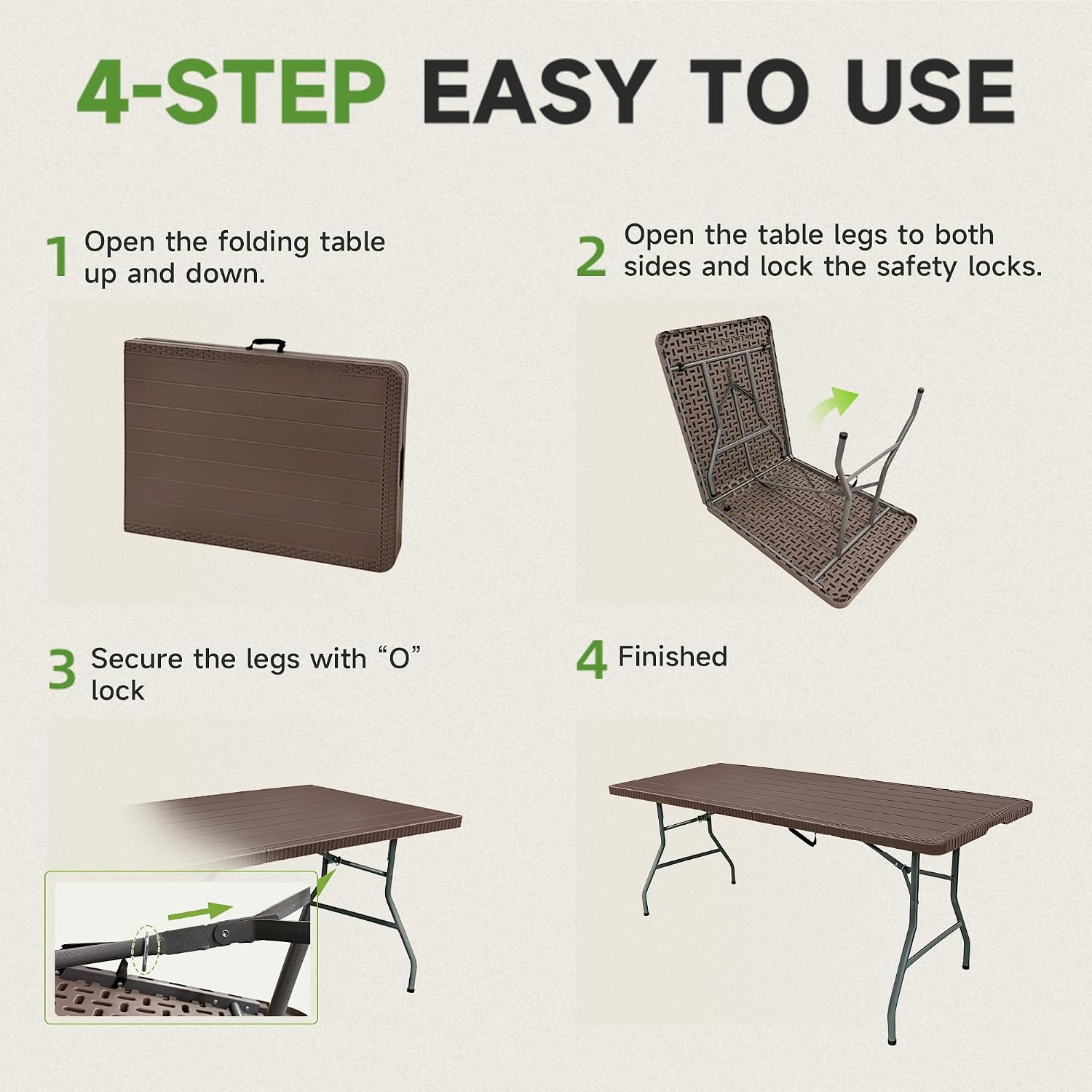 Folding Table 6 Foot, Heavy Duty 600LBS Capacity, HDPE Wood Grain Pattern, Sturdy Design with Safety Lock, Portable Tables Folding for Camping, Party, Indoor & Outdoor Use, 2 Pack