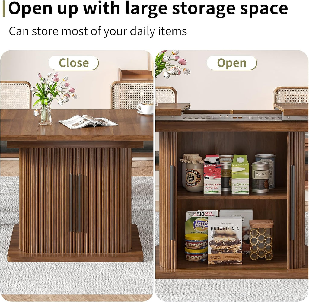 Extendable Dining Room Table for 4-6, 47-65 Inch Rectangle Kitchen Dining Table with Large Storage, Fluted Sliding Door, Expandable Mid Century Modern Dinner Furniture, Living Room, Walnut, Brown