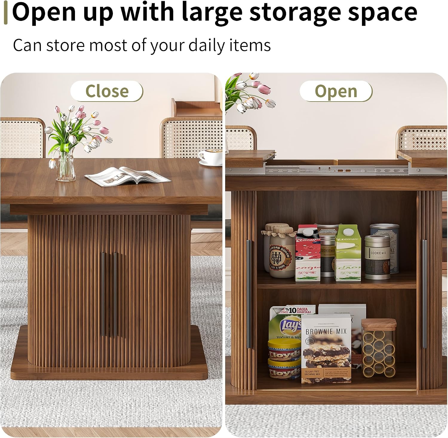 Extendable Dining Room Table for 4-6, 47-65 Inch Rectangle Kitchen Dining Table with Large Storage, Fluted Sliding Door, Expandable Mid Century Modern Dinner Furniture, Living Room, Walnut, Brown