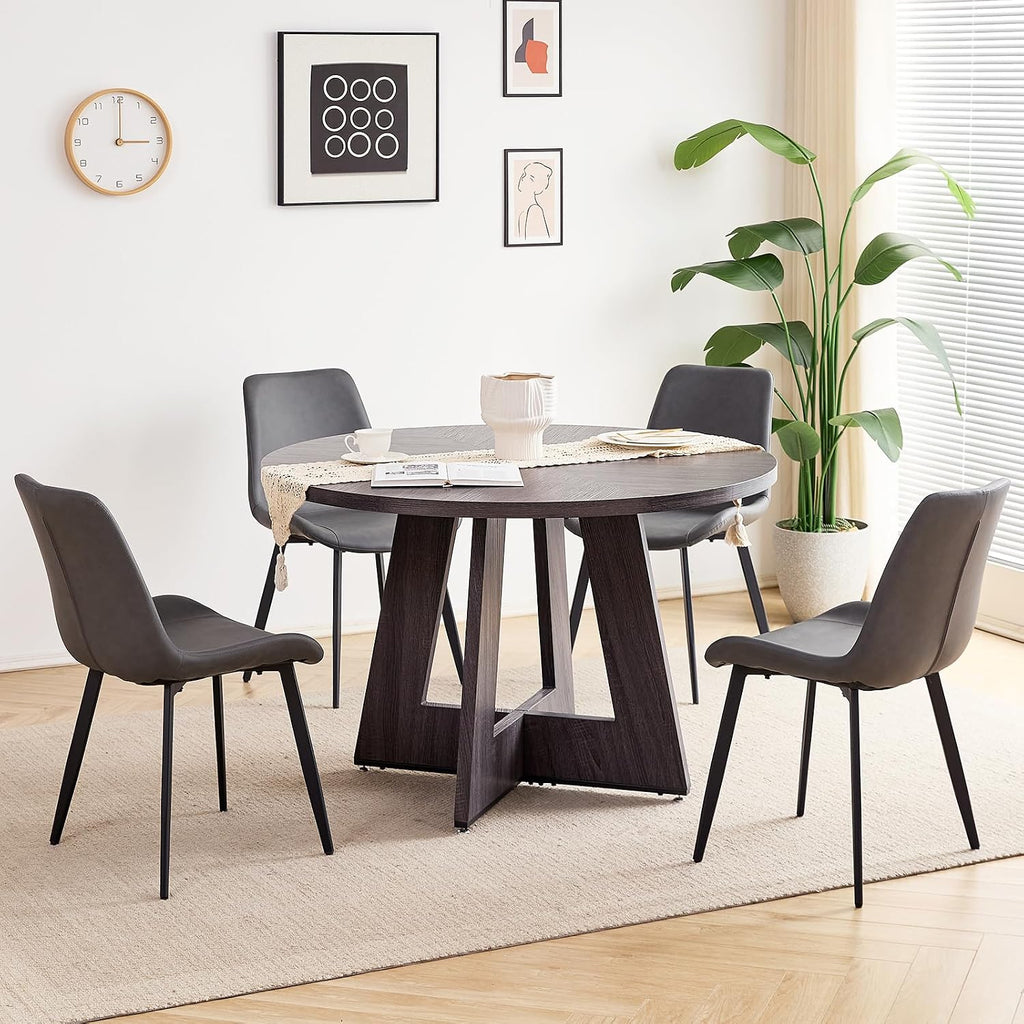 47 inch Round Dining Table Set for 4 with Chairs Kitchen Table and Chairs Set Mid-Century Modern Round Wood Kitchen Tables with Upholstered Synthetic Leather Chairs Set of 4