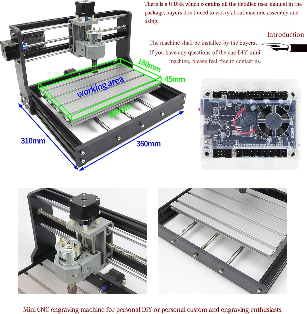 RATTMMOTOR 3018-PRO DIY CNC Router Kit+GRBL Offline Controller, 3 Axis Hobby CNC Router Machine, Plastic Acrylic PVC PCB Wood Mini Desktop Engraving Milling Carving Machine, Working Area 300x180x45mm