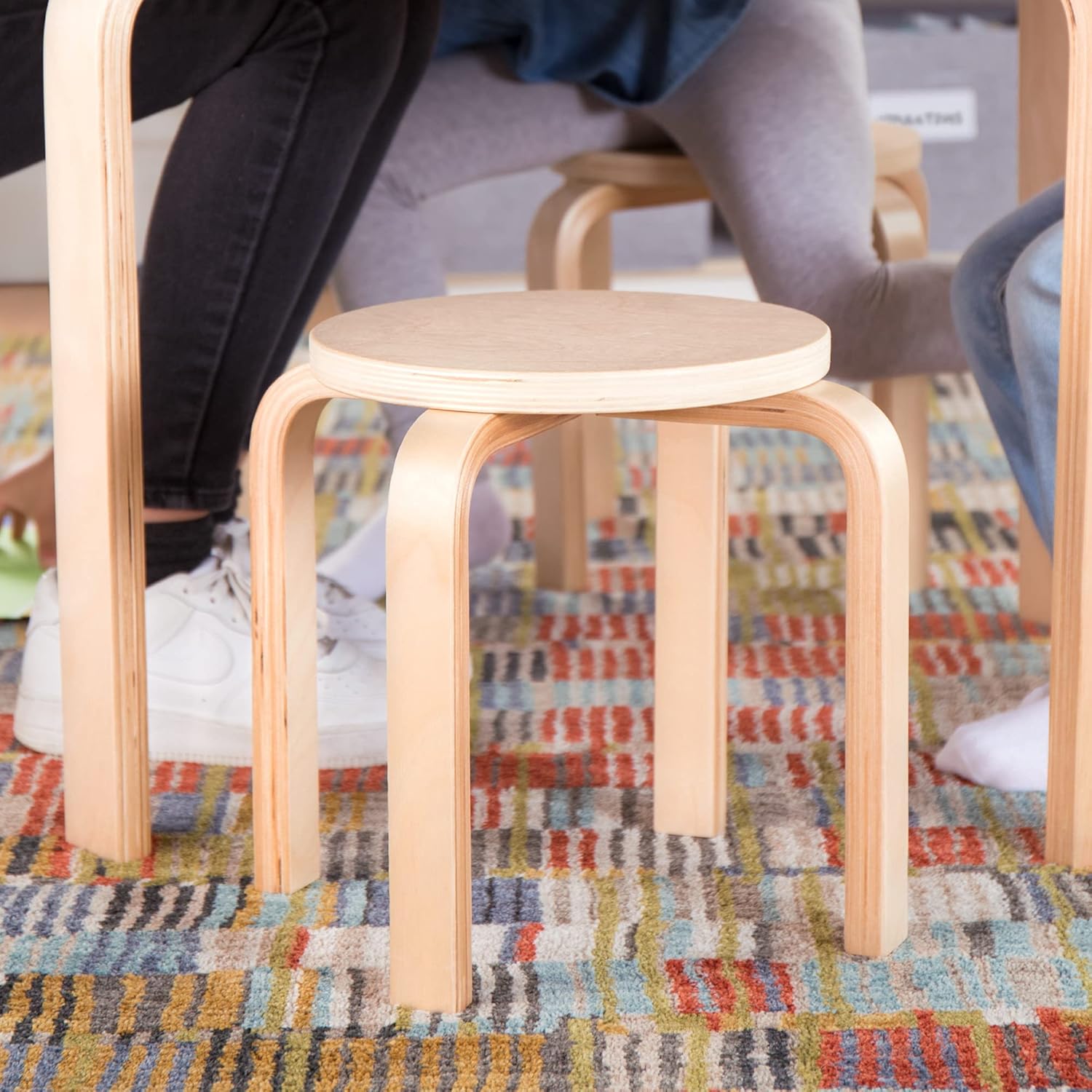 Guidecraft Nordic Table and Stools Set for Kids: Natural - 4 Stacking Bentwood Stools with Curved Wood Activity Table - Children's Modern Kitchen, Playroom and Classroom Furniture
