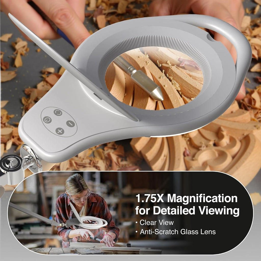 LED Magnifying Lamp with Clamp, 1.75X magnification, Touch Dimmer, 96 SMD LEDs, Adjustable Arm, Dual Warm & Cold Light Modes for Crafts, Reading, Repair (Universal Voltage, Eye Strain Relief)