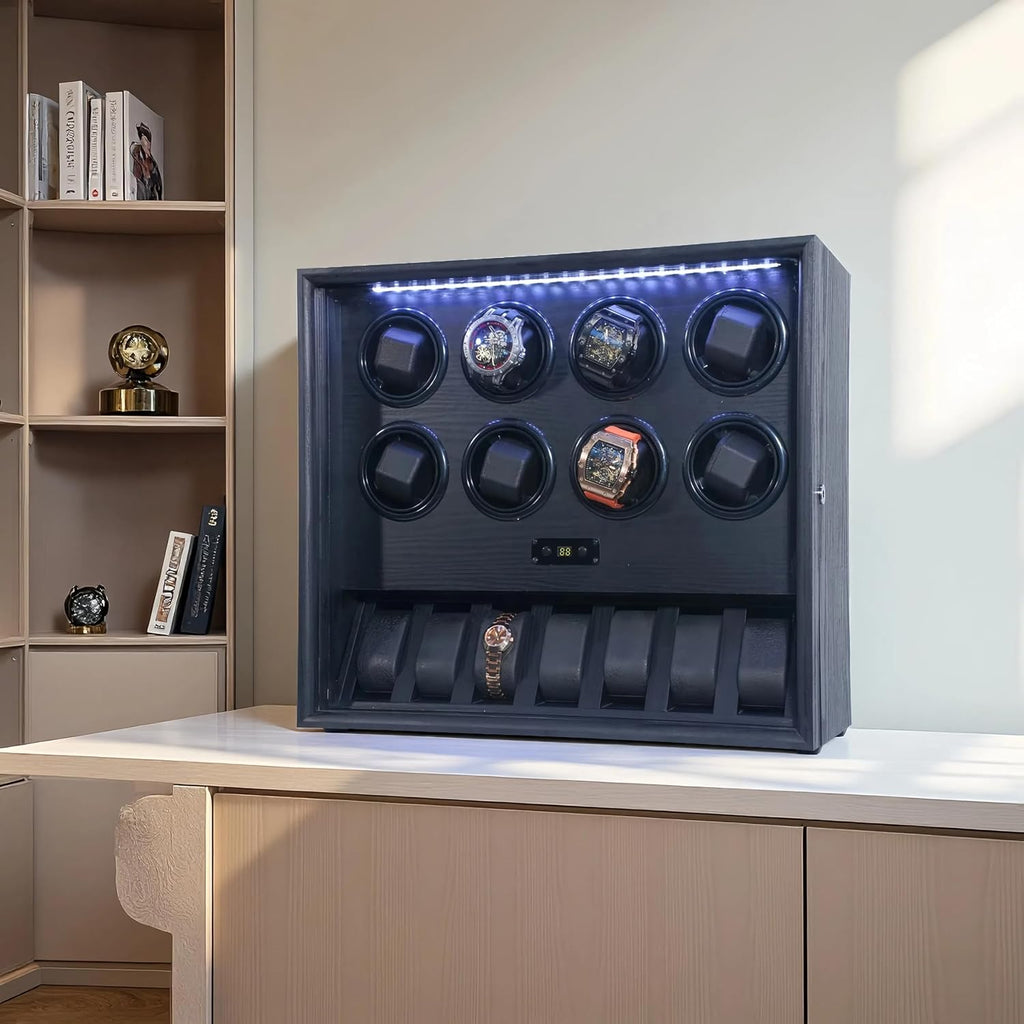 Watch Winder for 2/4/6/8 Automatic Watches, Watch Rotator for Rolex 15 Rotation Modes Display Box White Light, Watches Winder Case with USB-C Adapter, Present for Men Quiet Mabuchi Motor(≤5db)