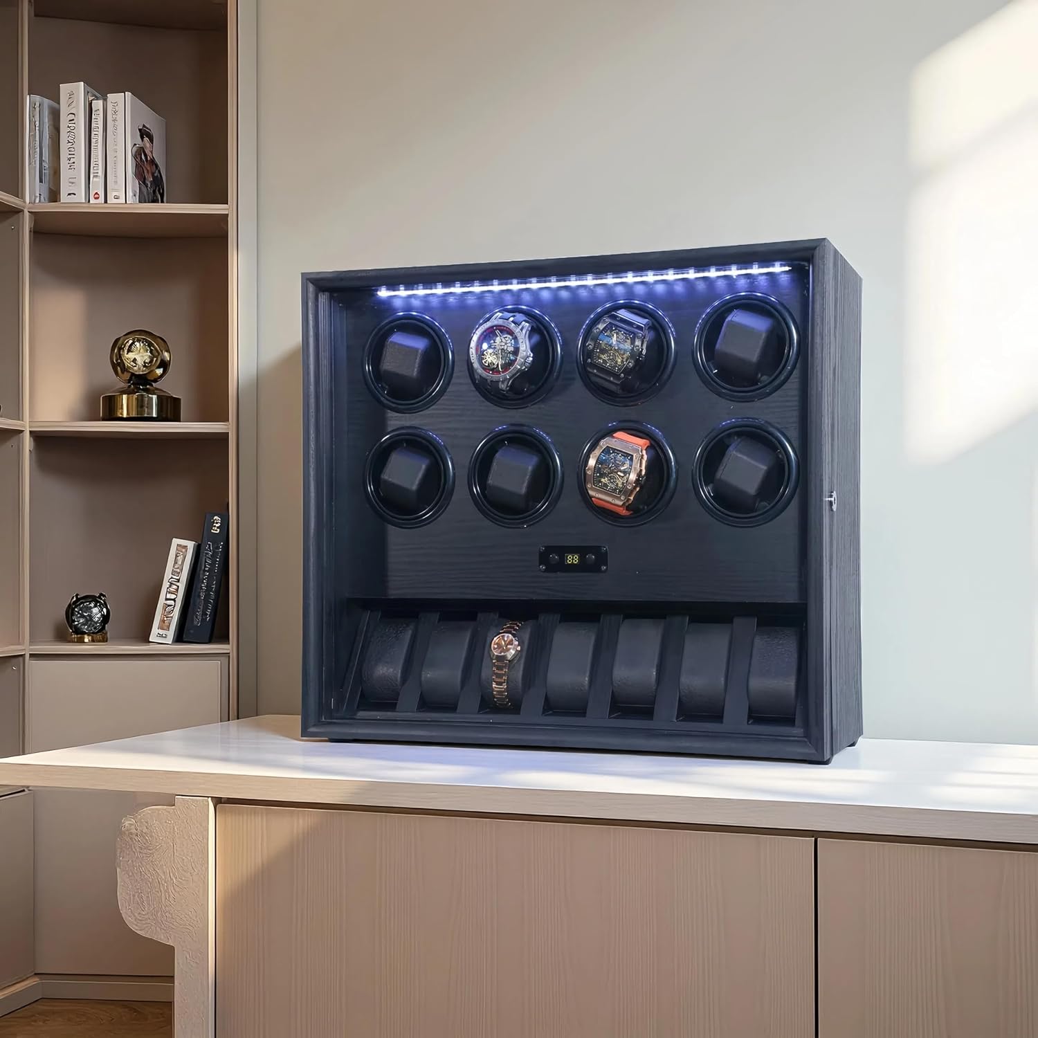 Watch Winder for 2/4/6/8 Automatic Watches, Watch Rotator for Rolex 15 Rotation Modes Display Box White Light, Watches Winder Case with USB-C Adapter, Present for Men Quiet Mabuchi Motor(≤5db)