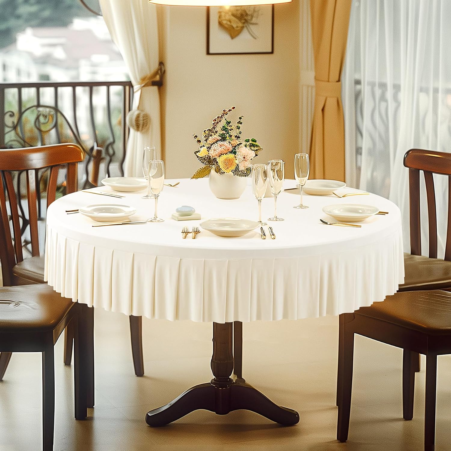 Ivory Spandex Round Tablecloths - 6 Pack, Fitted 5FT, Wrinkle Free Table Cover with Skirt for Wedding Party Dining Banquet