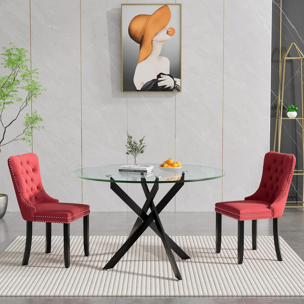 HomVent 3 Piece Round Glass Dining Table Set, Tempered Glass Dinner Table Set for 2 Kitchen Table Set with 2 Velvet Upholstered Chairs for Kitchen Dining Room