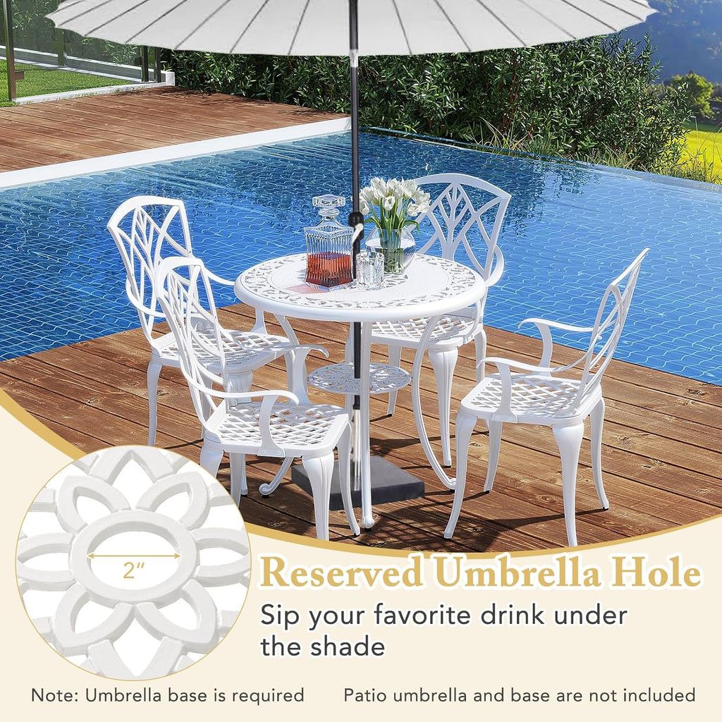 Tangkula 31.5' Cast Aluminum Patio Dining Table, Round Outdoor Bistro Table with 2' Umbrella Hole, Outdoor Side Table for Backyard, Lawn, Deck and Garden, White