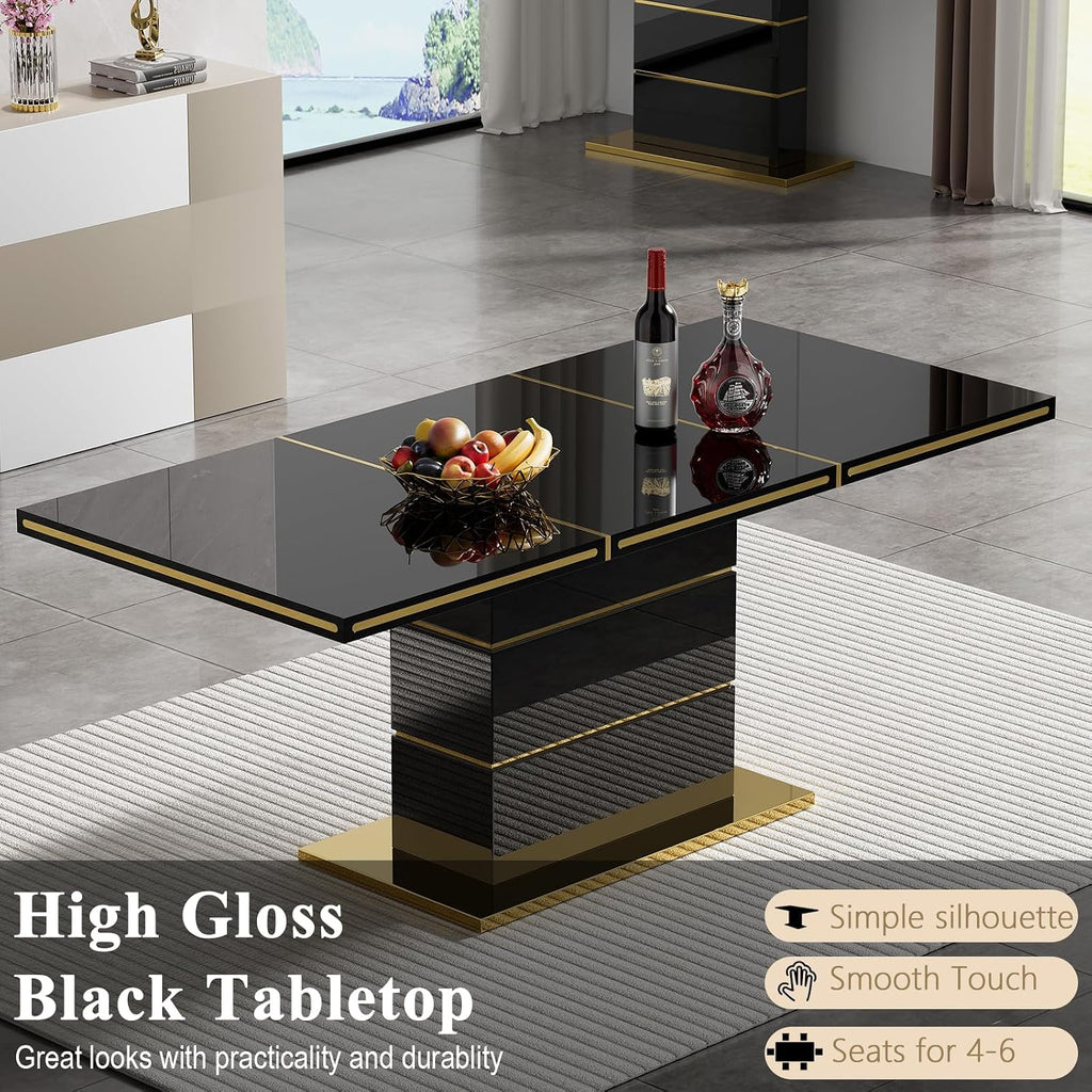 70 inch Black Dining Table for 4-6 People, Modern Kitchen Table with High Gloss Finish, Gold Stainless Steel Trims & Sturdy Pedestal Base, Luxury Dining Room Table for Dinner Party Family Gatherings