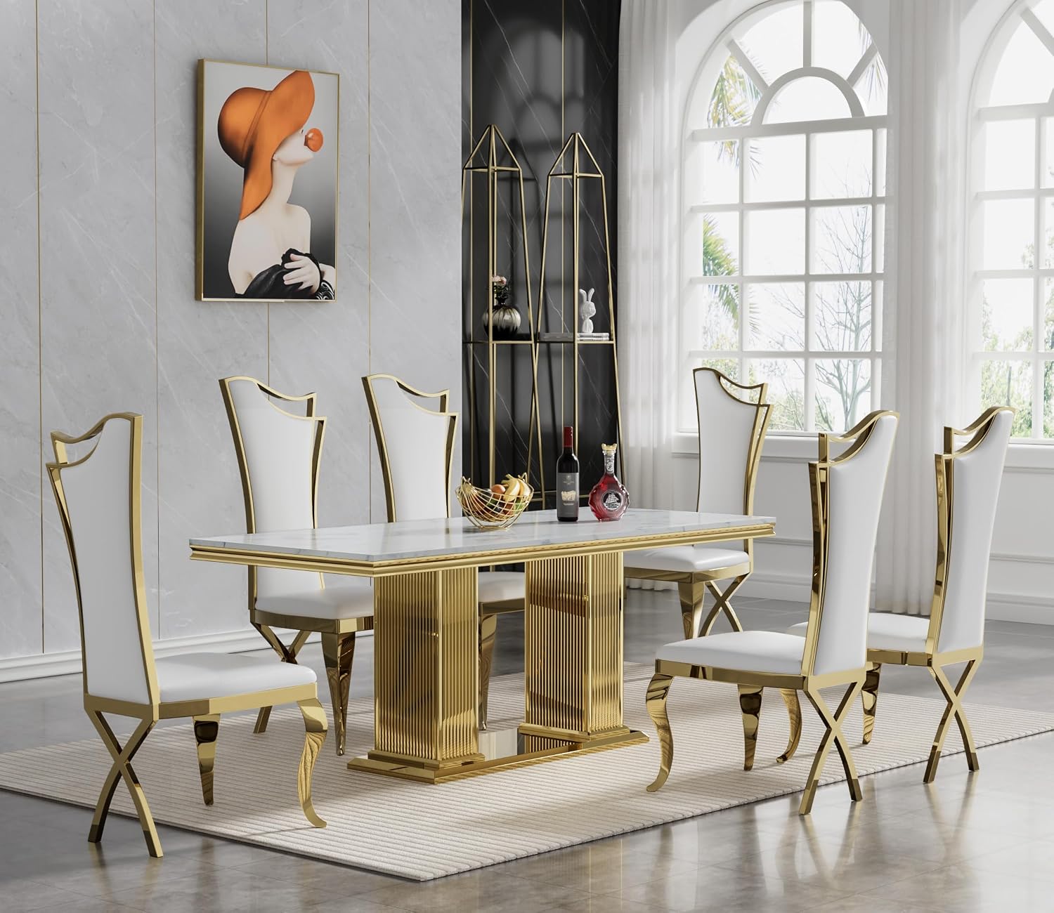 68' White Marble Dining Table for 6 to 8, Luxury Large Rectangular Faux Marble Tabletop & Gold Double Pedestal Base, Mid Century Modern Kitchen Dining Room Table for Dinner Family Gathering