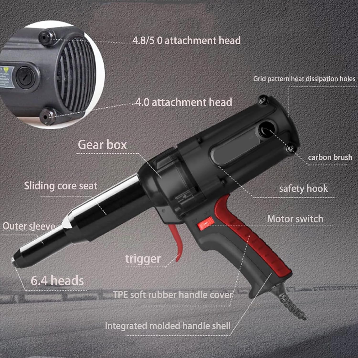 Professional Corded Rivet Tool,Electric Rivet Tool Kit,Brushless Motor,Easy to Use,for 5/32 inch to 1/4inch Rivets