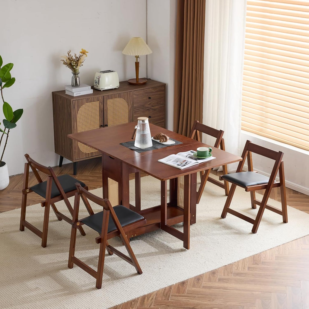 VINGLI Folding Dining Table Set Extendable Drop Leaf Solid Wood Foldable Table 5 Piece with 4 Chairs 2 Drawers and Wheels for Kitchen Space Saving,Walnut