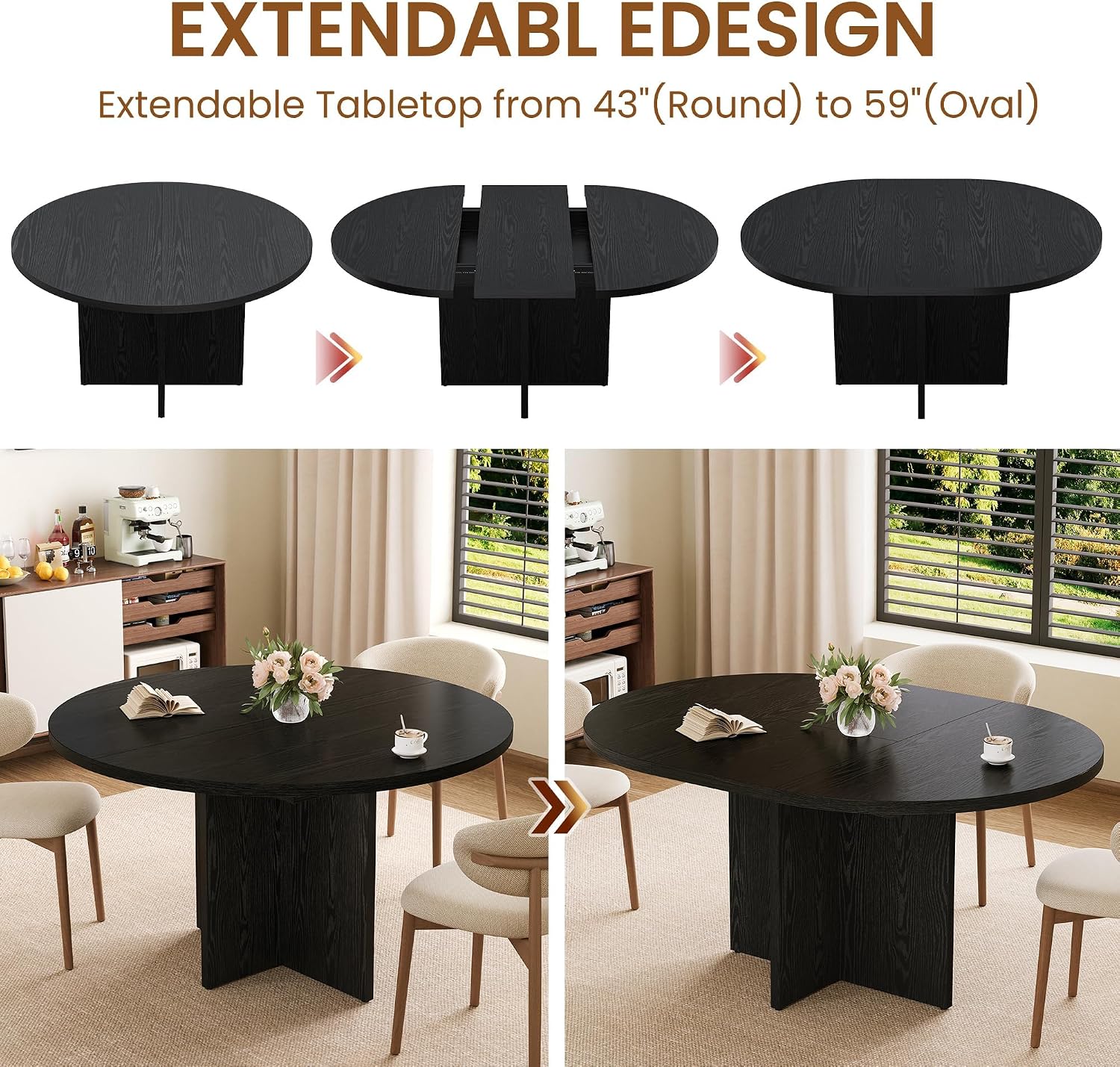 Garvee 43.3''-59'' Extendable Round Dining Table for 4-8, Modern Kitchen Oval Dining Table with Removable Leaves, Dinner Table for Dining Room, Kitchen, Living Room, Black