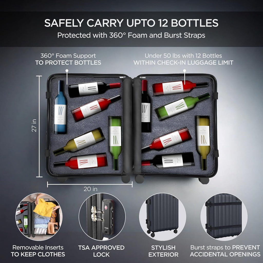 boldworks Wine Suitcase for Airplanes 12 Bottle Wine Luggage for Airplane Travel with TSA Approved Lock and Removable Insert to Carry Liquor Black Color Case