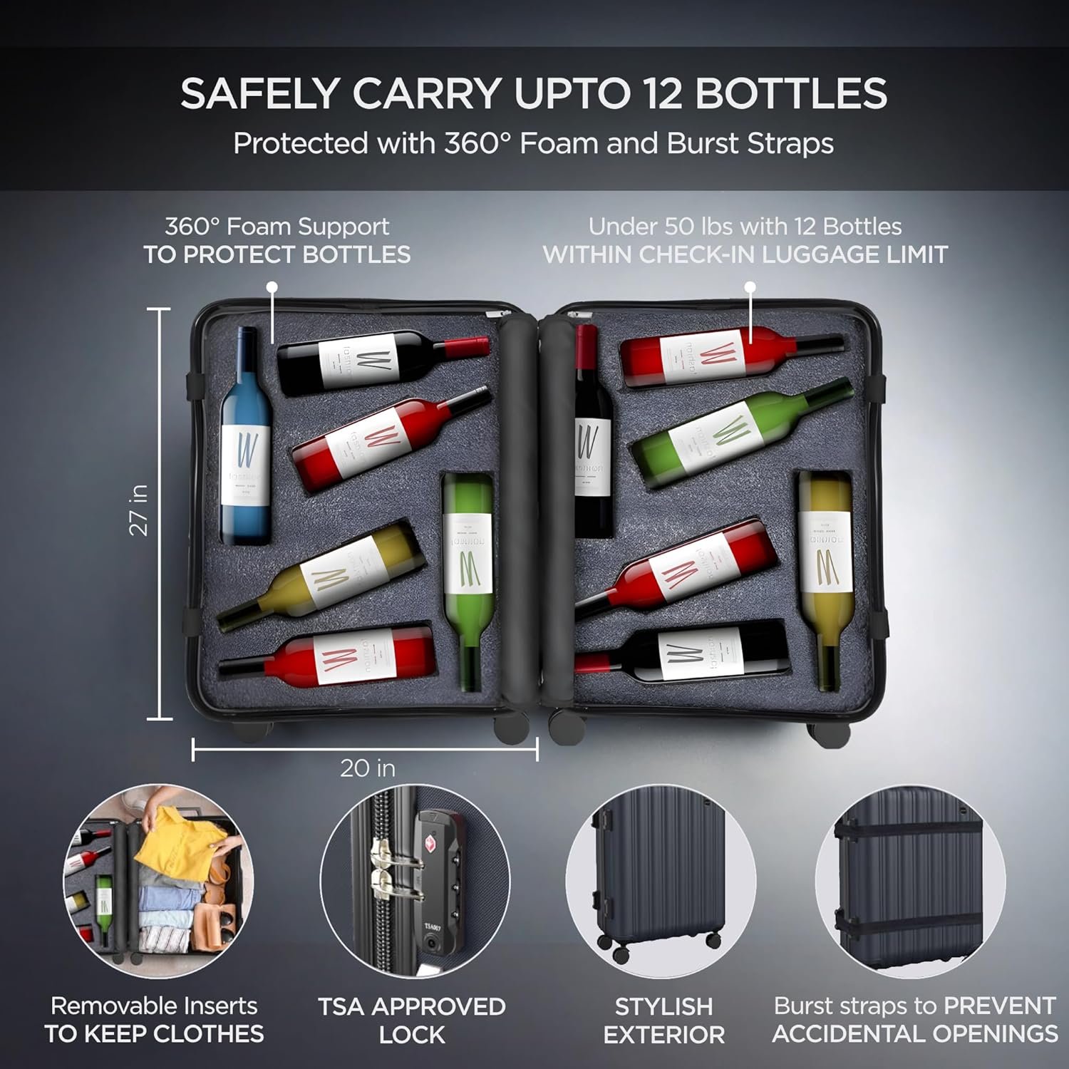 boldworks Wine Suitcase for Airplanes 12 Bottle Wine Luggage for Airplane Travel with TSA Approved Lock and Removable Insert to Carry Liquor Black Color Case