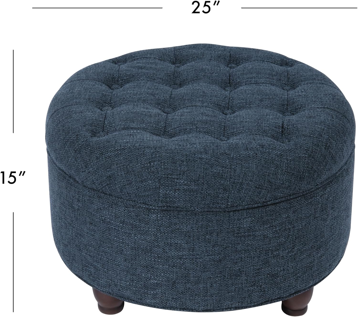 Homepop Home Decor | Large Button Tufted Woven Round Storage Ottoman for Living Room & Bedroom (Navy Woven) 25 inch D x 25 inch W x 15 inch H