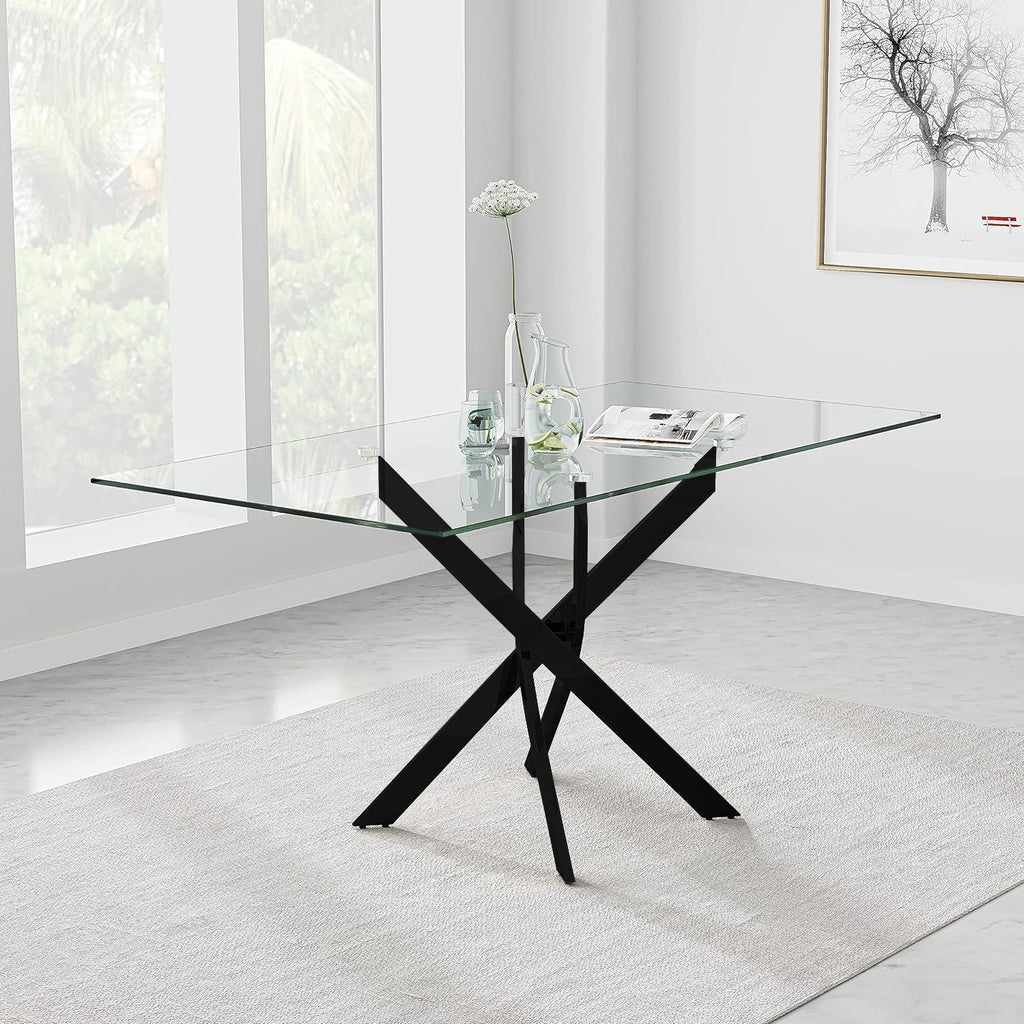 Tempered Glass Dining Table with Black Metal Legs, 47in Modern Rectangular Kitchen Table for Kitchen Dining Room Home Office, Black