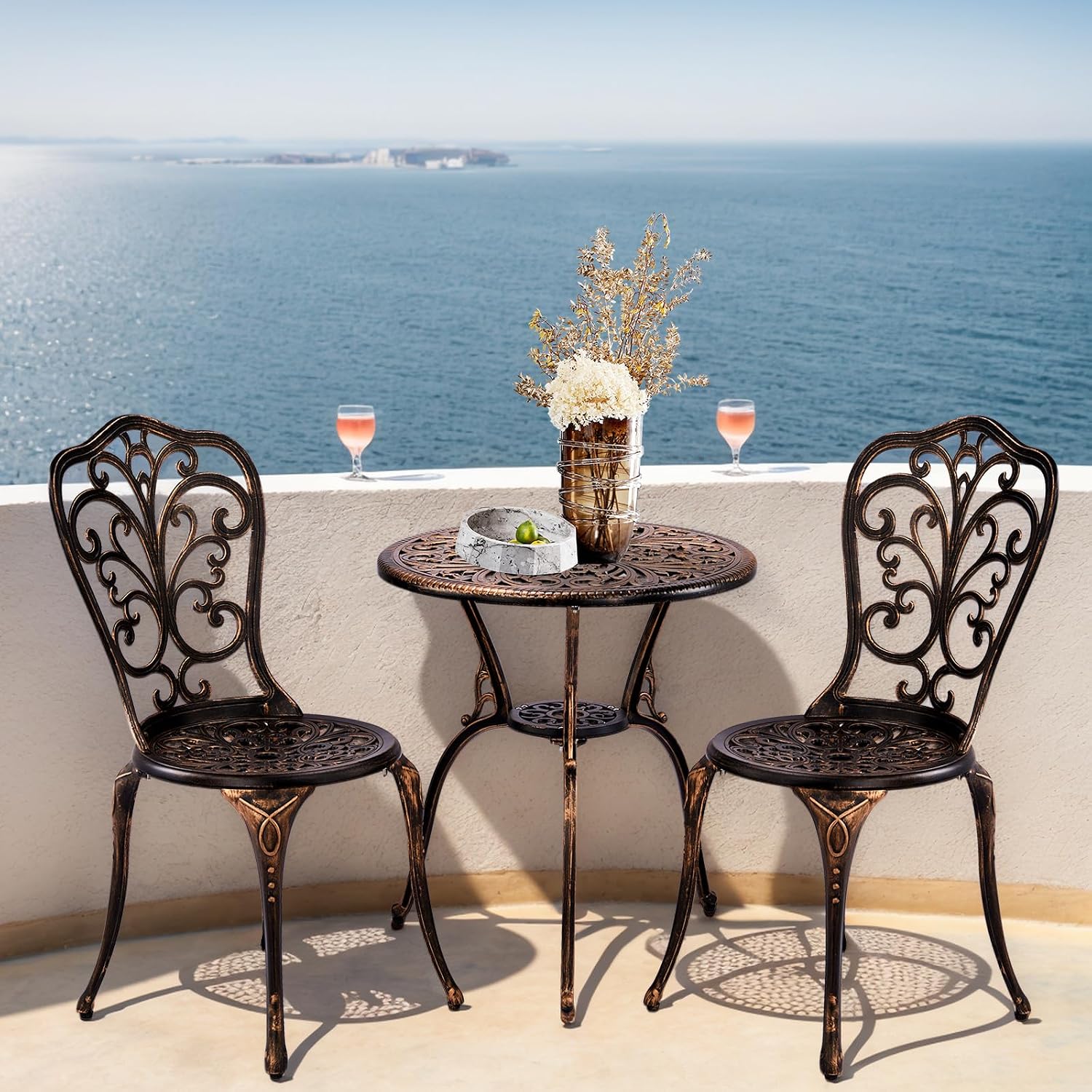 VINGLI 3 PCS Outdoor Bistro Set, Outdoor Patio Set, All-Weather Cast Aluminum Bistro Table Set, Bistro Table and Chairs Set of 2 for Backyard, Garden, Balcony (Bronze, Butterfly)