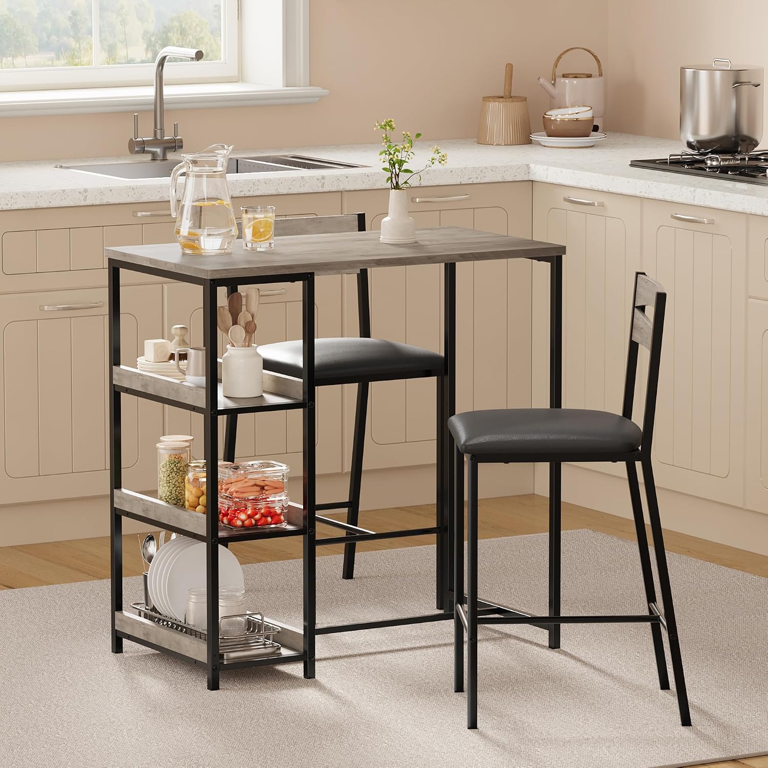 GarveeHome 3-Piece Kitchen Table Set with Storage Shelves & 2 Upholstered Chairs - Iron and Wood Dining Table for Small Spaces, Apartments, Condos, Grey