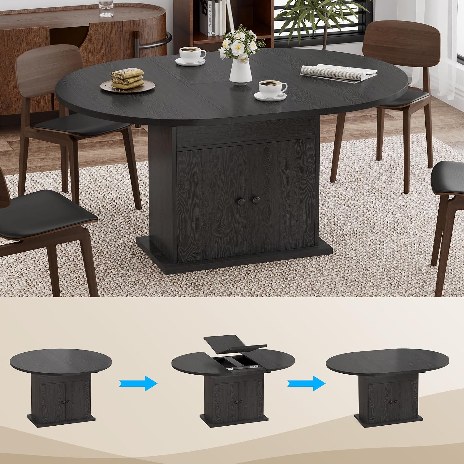43.3in-59in Extendable Round Dining Table for 4-8, Modern Expandable Kitchen Oval Dining Table, Space Saving Circle Dining Room Table with Storage Shelf for Kitchen Living Room