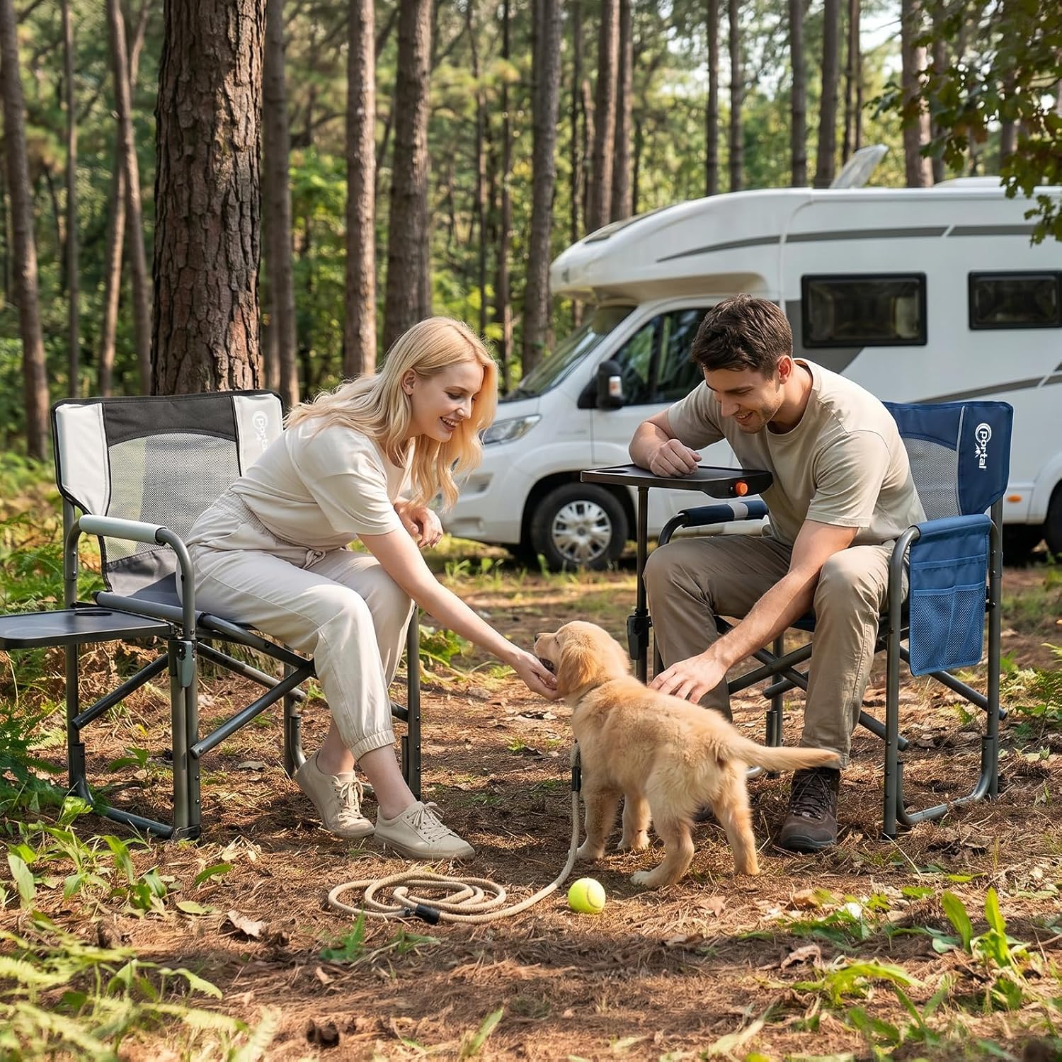 Portal Folding Director Chair with 2-Way Rotating Side Table, Heavy Duty 300 lb Camping Chair with Swivel Tray & Cup Holder, Ergonomic Mesh Back Portable Outdoor Seat for RV, Tailgating & Lawn, Blue