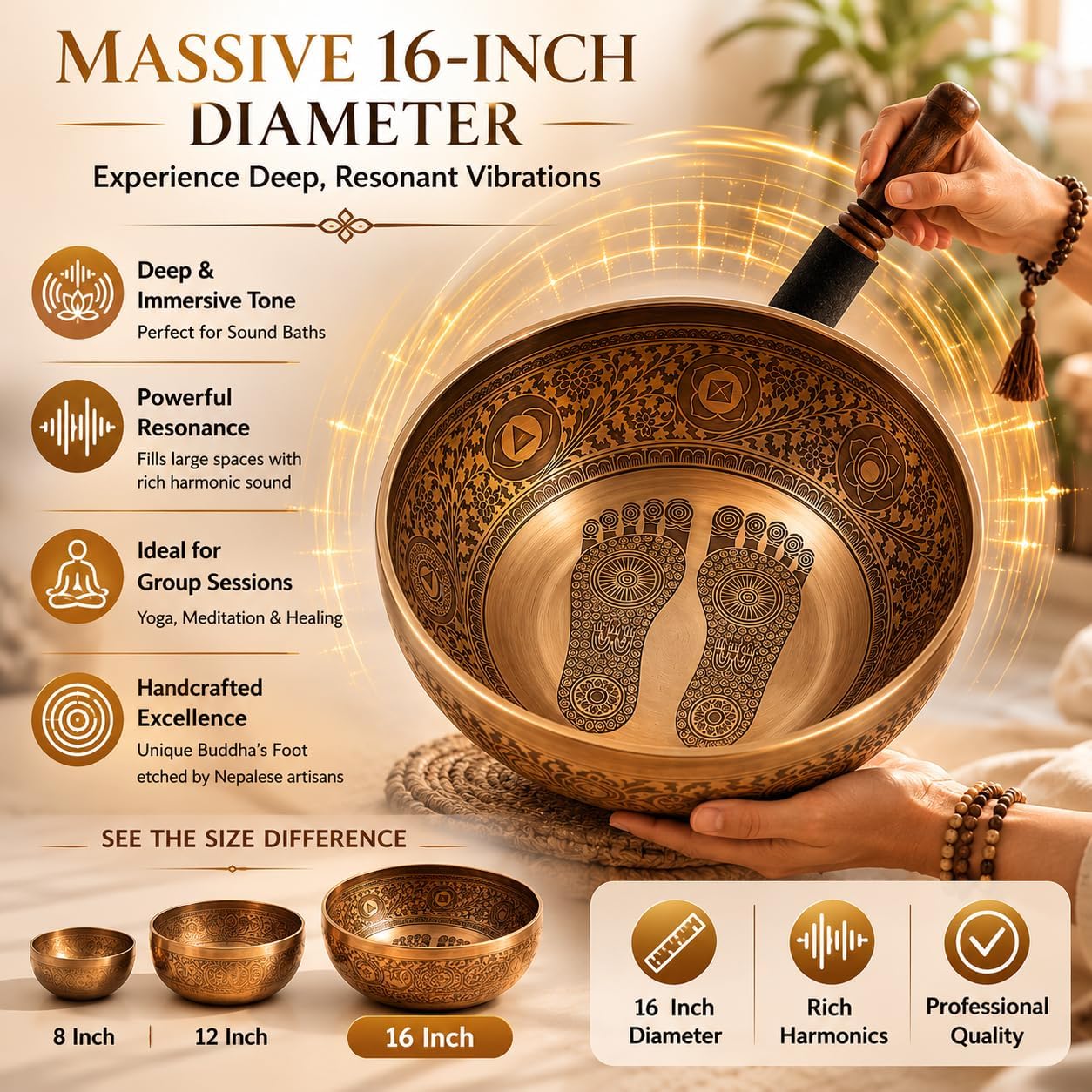 16 Inch Buddha Foot Singing Bowl Handmade in Nepal | Etched Meditation Sound Bowl for Healing Sound Bath Yoga Relaxation Mindfulness & Spiritual Wellness