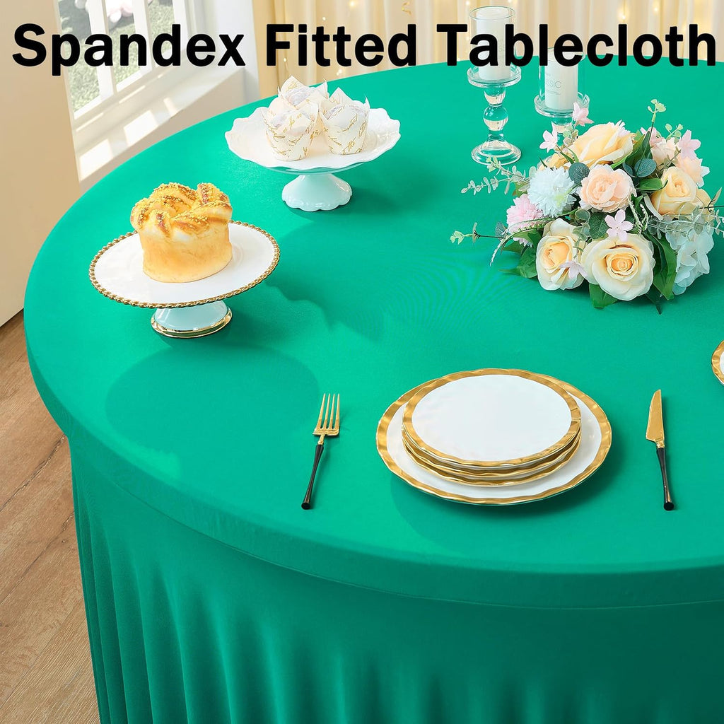 8 Pack Emerald Green Spandex Round Tablecloths, Stretchy 132inch Fitted 6FT Round Table Cloths, Wrinkle Free Table Cover with Skirt for Wedding Party Dining Banquet