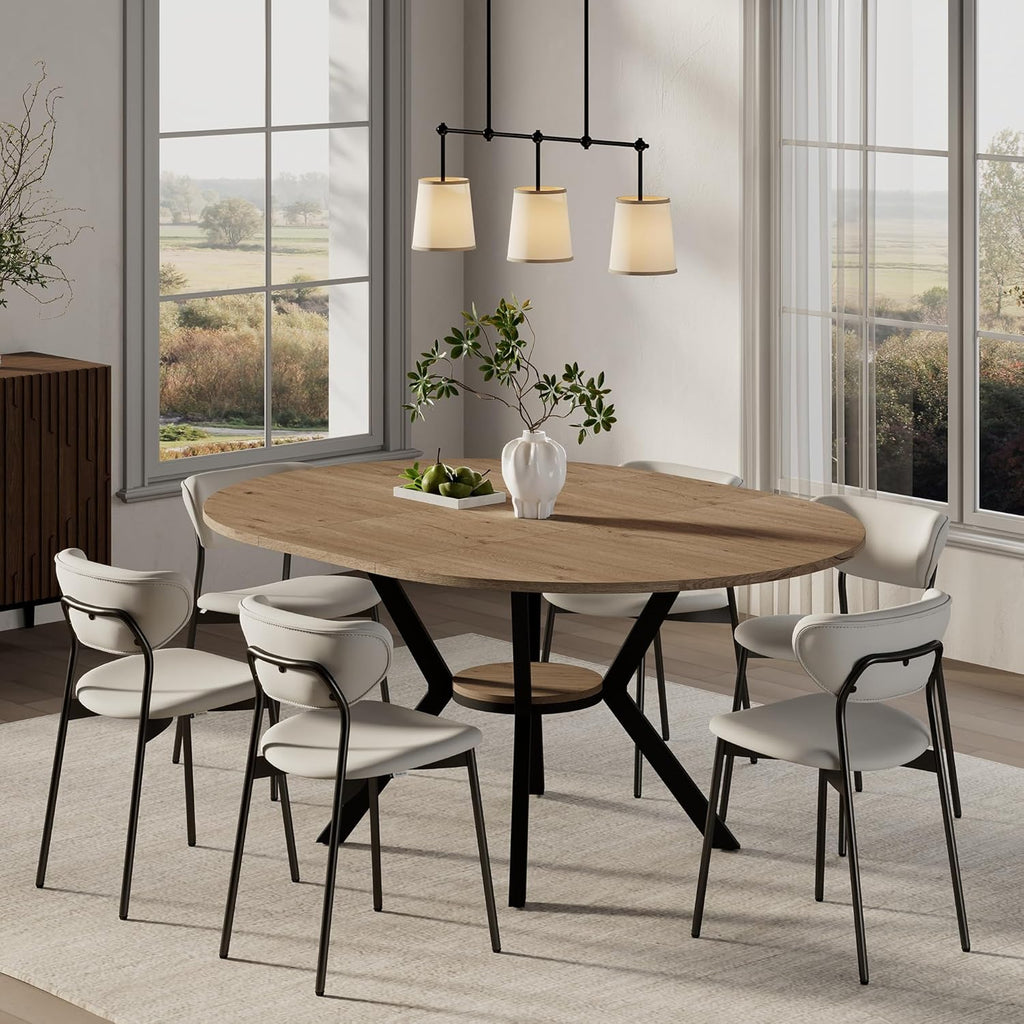 42'-58' Extendable Round Dining Table with Built-in Flip Leaf, Modern Oval Kitchen Table for 4-6, Space-Saving Small Room Furniture with Storage Shelf and X-Shaped Metal Base
