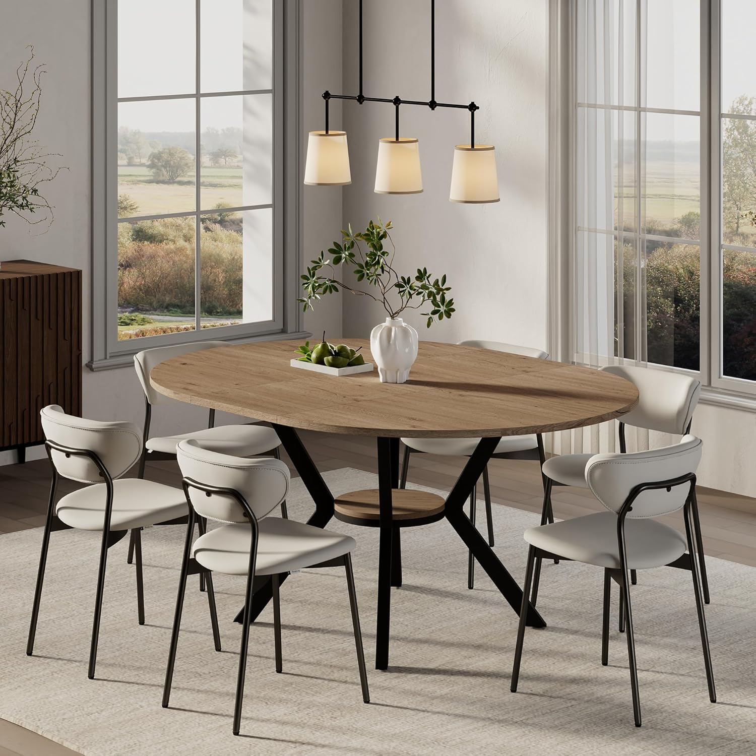 42'-58' Extendable Round Dining Table with Built-in Flip Leaf, Modern Oval Kitchen Table for 4-6, Space-Saving Small Room Furniture with Storage Shelf and X-Shaped Metal Base