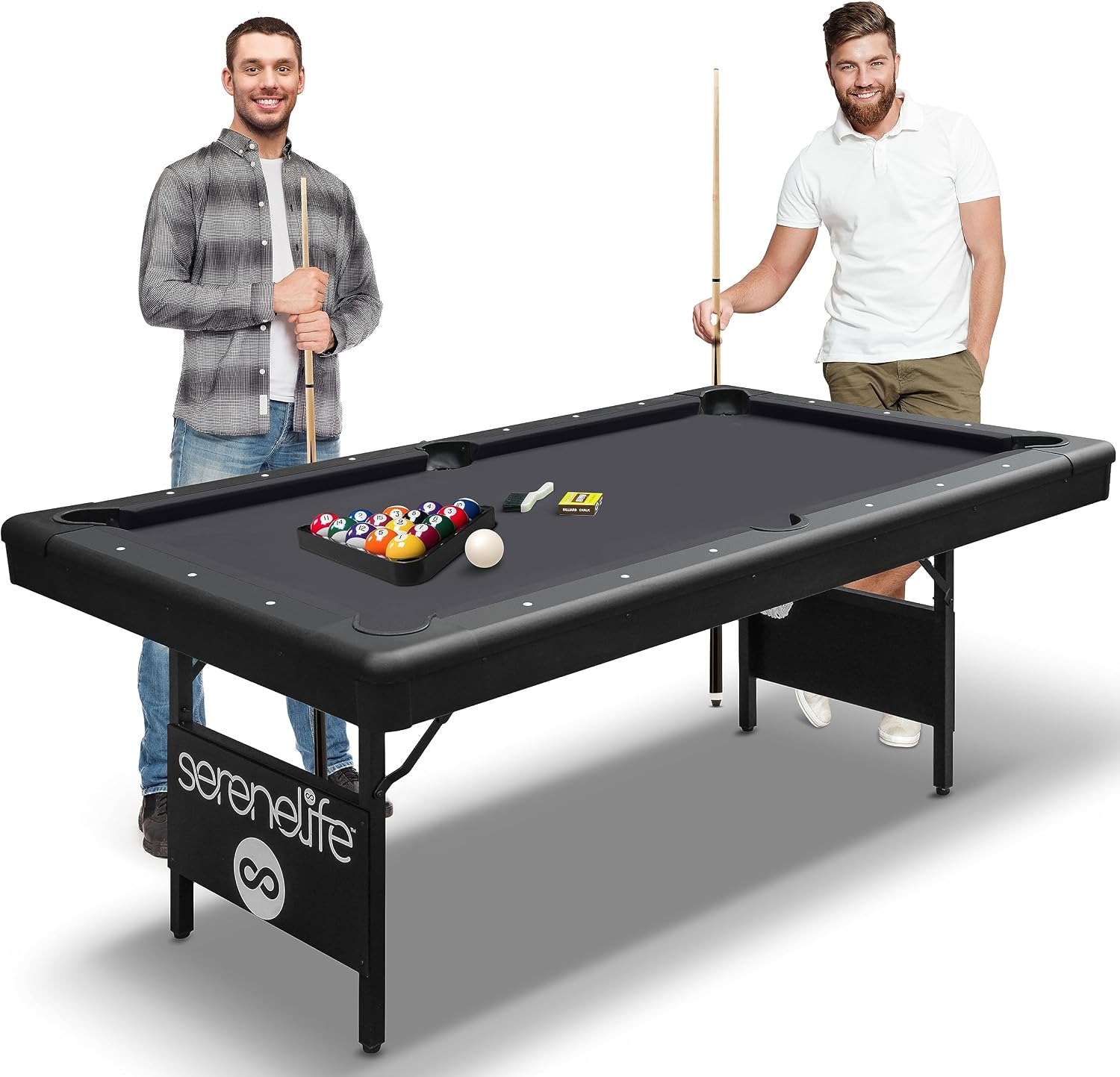 SereneLife 6-Ft Folding Pool Table - Best in Stability - Steel Frame, Fully Supported Slate, Welded Leg Supports with Safety Anti Collapse Locks, 128LB Heavy Duty Billiard Game and Accessory Set