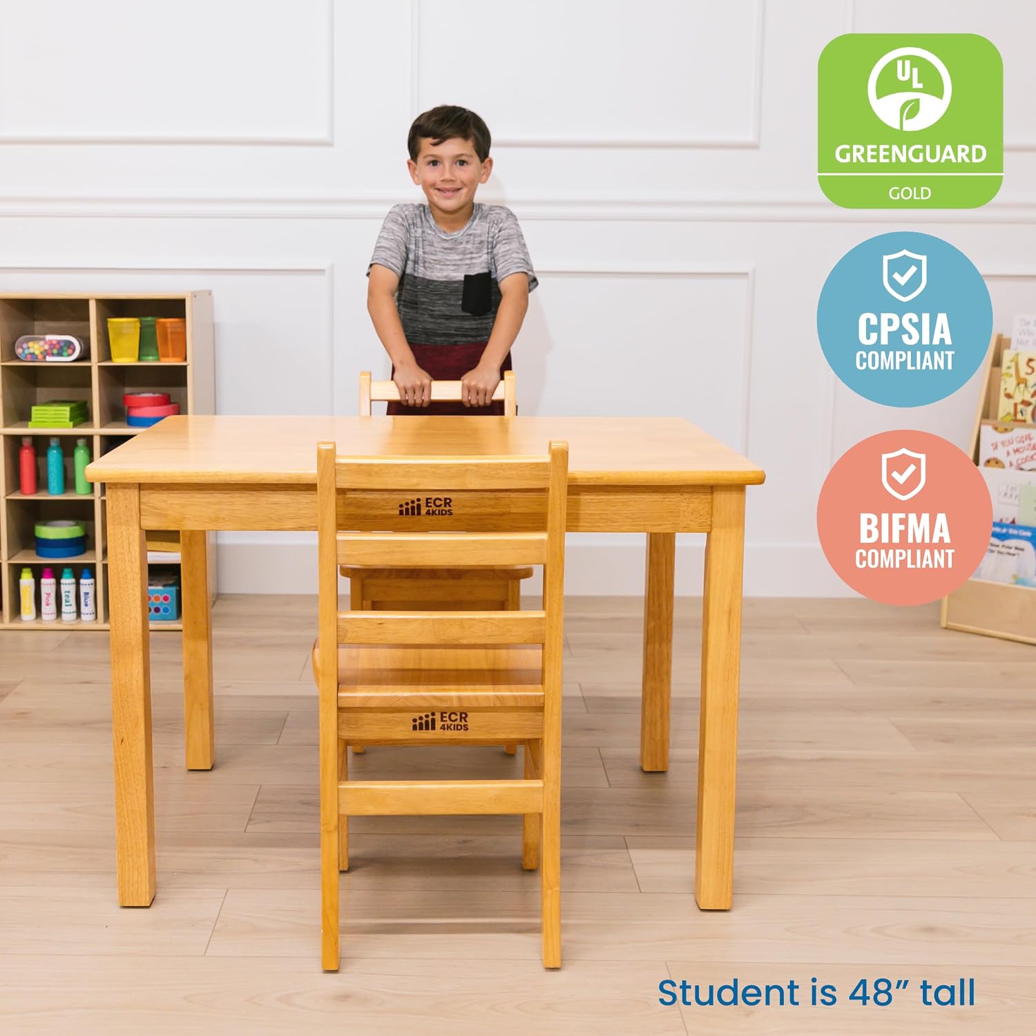 ECR4Kids 24in x 36in Rectangular Hardwood Table with 24in Legs and Two 14in Chairs, Kids Furniture, Honey