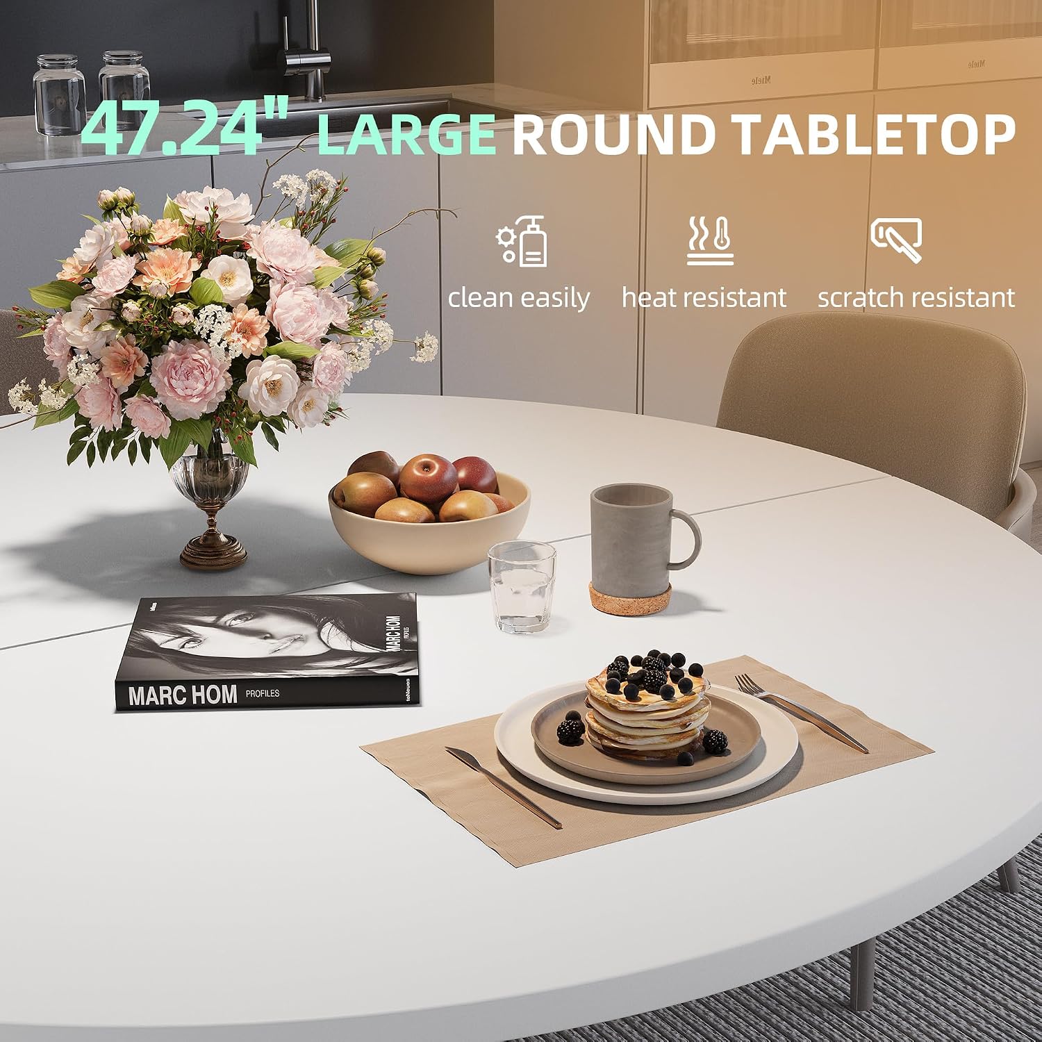 47.24' Round Dining Table for 4-6 Person, Round Kitchen Table with Wood Top, Circle Dinner Pedestal Tables with Metal Legs for Dining Room Kitchen (White)