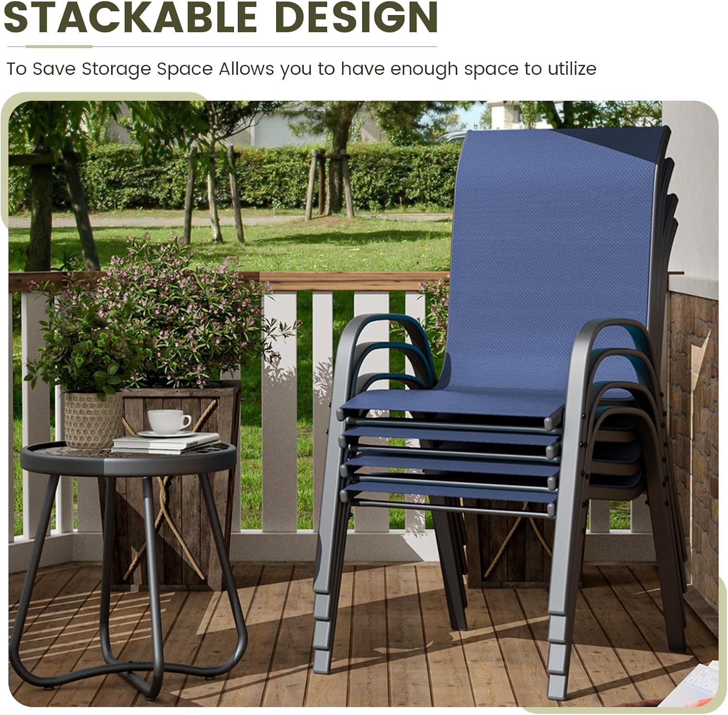 UDPATIO Patio Chairs Set of 4, Stackable Outdoor Dining Chairs with High Back, Breathable Textilene Fabric Outdoor Chair All Weather, for Garden, Backyard (Blue)